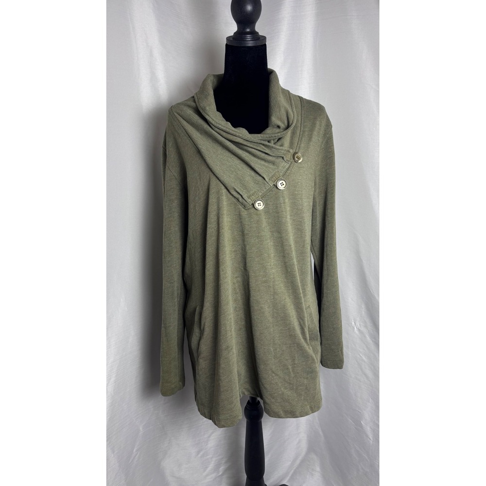 Soft Surroundings Tunic Sweatshirt Women M Olive Green Excellent Button Cowl